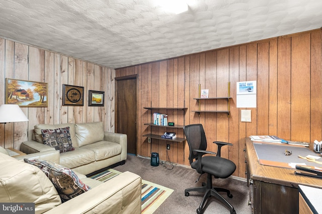 office area featuring carpet and a textured ceiling