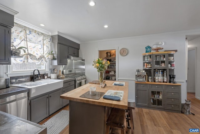 kitchen featuring butcher block countertops, gray cabinets, and stainless steel appliances