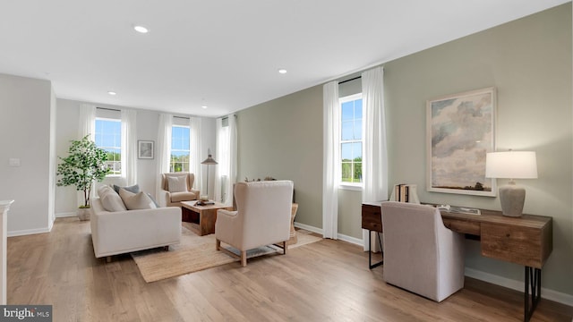 living room featuring a wealth of natural light and light hardwood / wood-style flooring