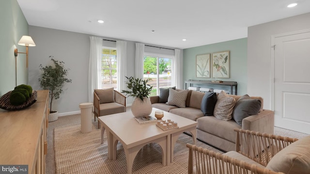 living room with light colored carpet