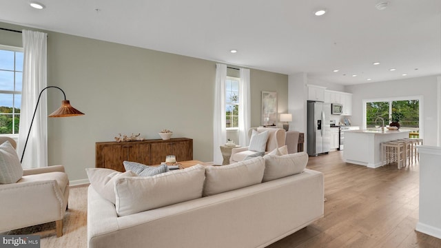 living room with light hardwood / wood-style flooring and sink