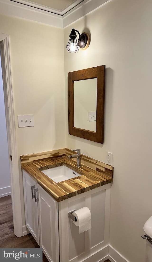 bathroom with wood-type flooring and vanity