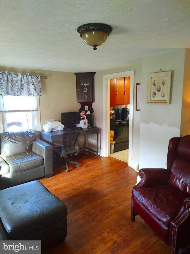 living room featuring a textured ceiling and hardwood / wood-style flooring