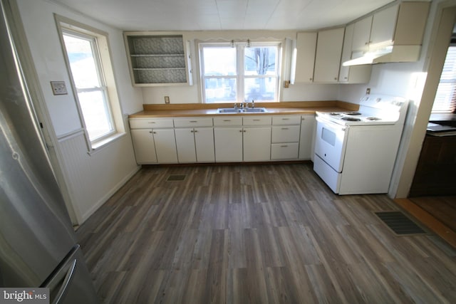 kitchen with white cabinetry, white range with electric cooktop, dark wood-type flooring, and sink