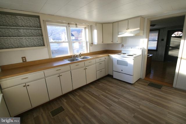 kitchen with dark hardwood / wood-style flooring, white cabinetry, white range with electric cooktop, and sink