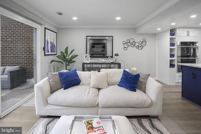 living room featuring crown molding and light wood-type flooring