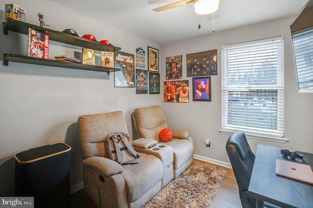 office space with ceiling fan and light hardwood / wood-style floors