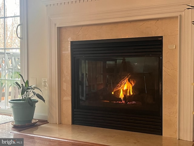 interior details with a premium fireplace