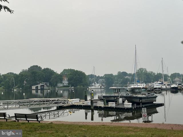 exterior space featuring a water view and a dock