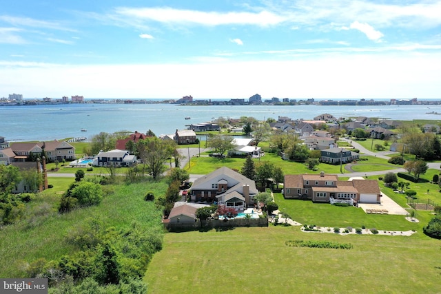 drone / aerial view featuring a water view