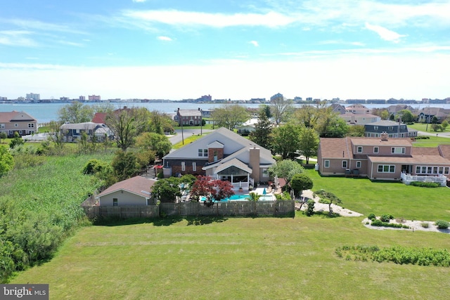 aerial view featuring a water view