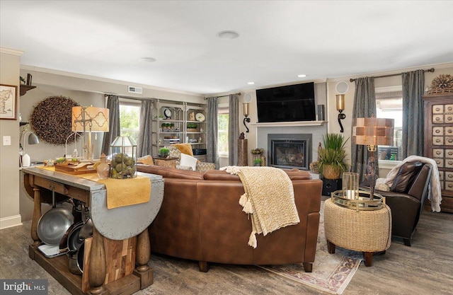 living room featuring hardwood / wood-style flooring and crown molding