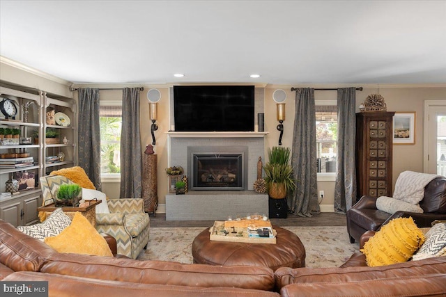 living room with a fireplace, crown molding, and a healthy amount of sunlight