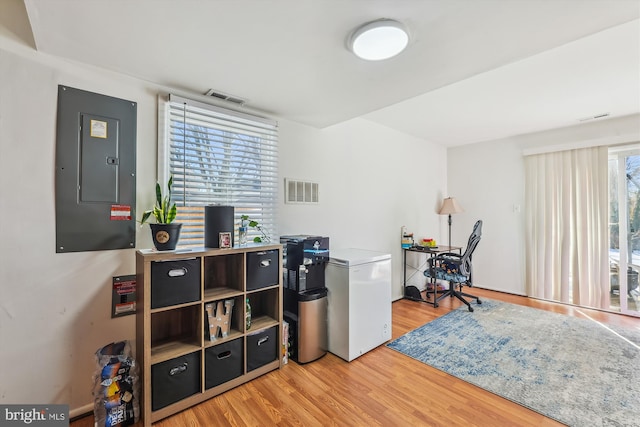 home office featuring electric panel and light hardwood / wood-style flooring