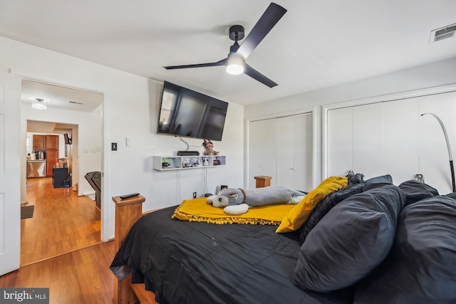 bedroom with two closets, ceiling fan, and wood-type flooring