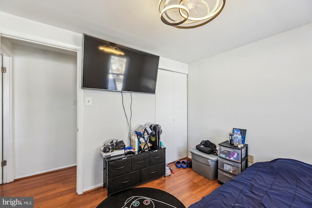 bedroom with a closet and hardwood / wood-style floors