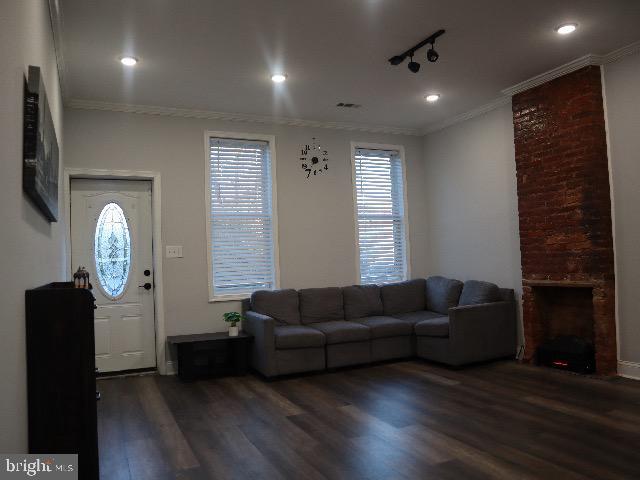 living room with a fireplace, crown molding, dark hardwood / wood-style flooring, and rail lighting