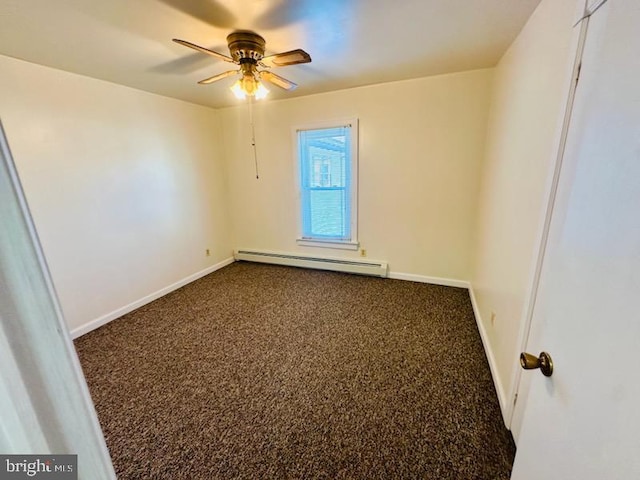 carpeted spare room featuring ceiling fan and baseboard heating