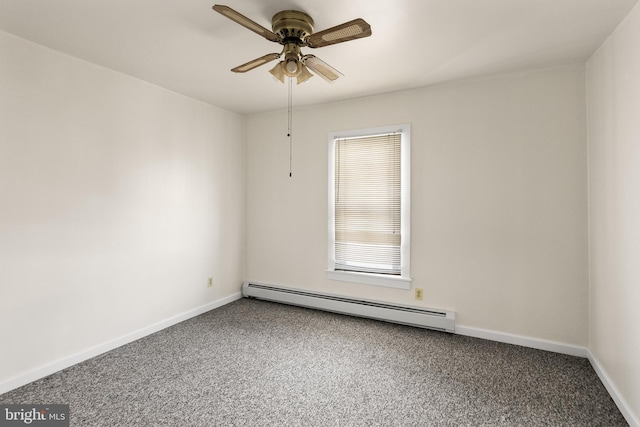 carpeted empty room featuring ceiling fan and baseboard heating