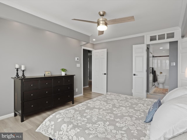 bedroom with ceiling fan, light hardwood / wood-style flooring, ensuite bathroom, and ornamental molding