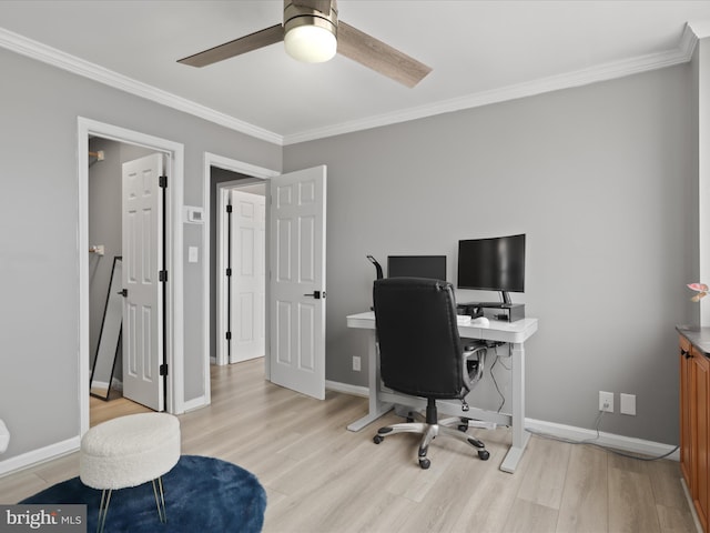 office space featuring crown molding, ceiling fan, and light hardwood / wood-style floors