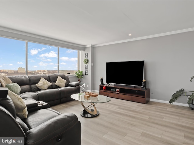 living room featuring crown molding and light wood-type flooring