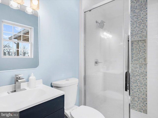 full bathroom featuring toilet, a shower stall, and vanity