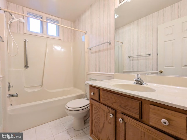 full bathroom with toilet, tile patterned flooring, bathtub / shower combination, and vanity