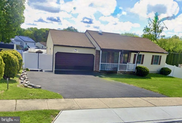 single story home featuring a porch, a garage, and a front yard