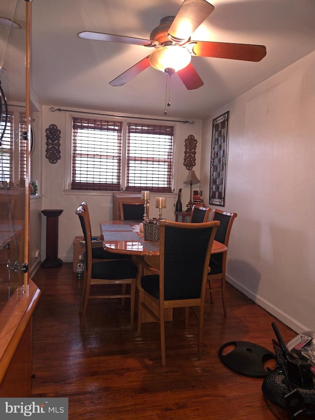 dining area with ceiling fan and dark hardwood / wood-style flooring