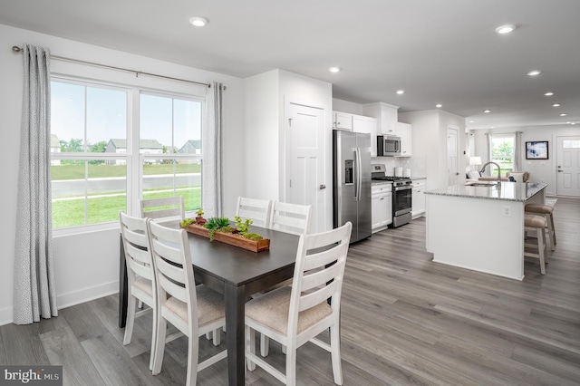 dining space featuring a healthy amount of sunlight, wood-type flooring, and sink