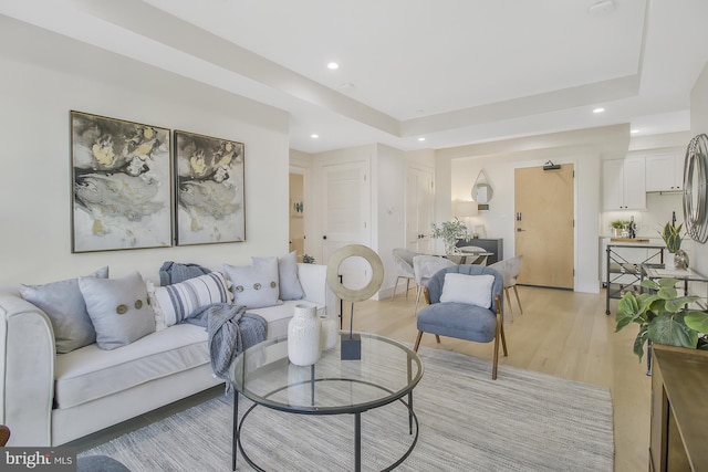 living room featuring a raised ceiling and light hardwood / wood-style floors