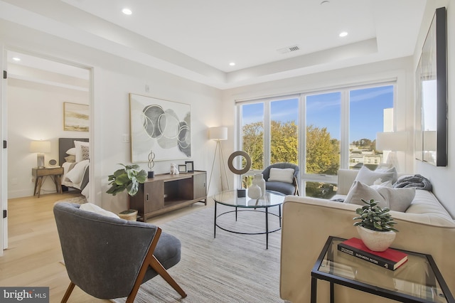 living room featuring a raised ceiling and light hardwood / wood-style flooring