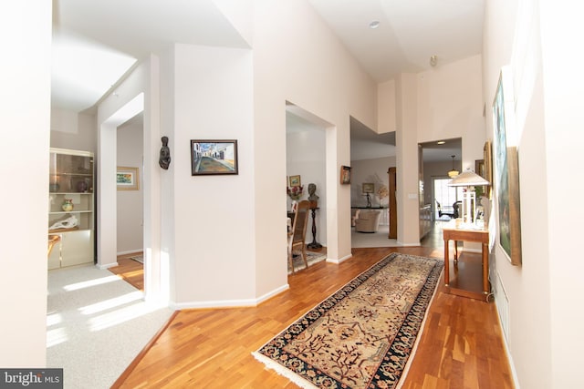 hallway featuring wood-type flooring and a high ceiling