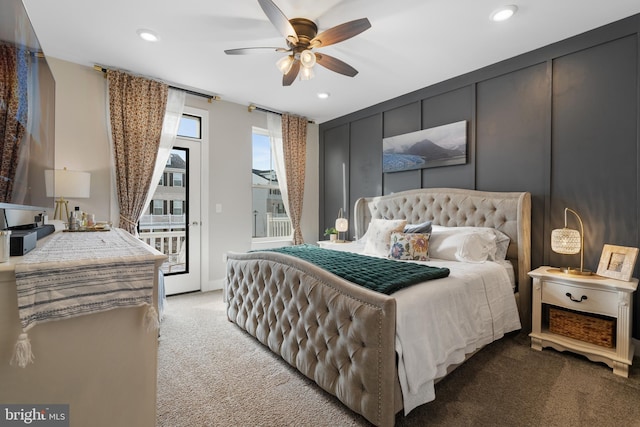 bedroom featuring ceiling fan, carpet floors, and access to outside