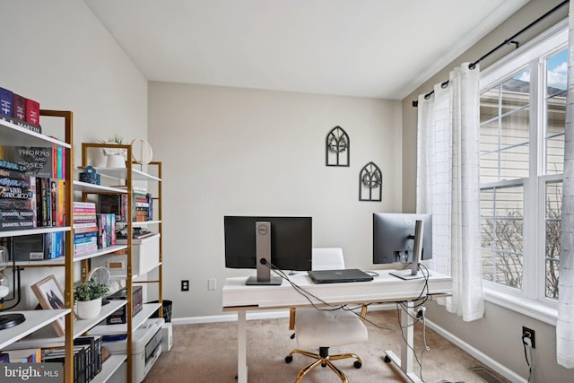 view of carpeted home office