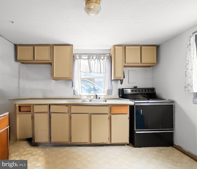 kitchen featuring light brown cabinets, range with electric stovetop, and sink