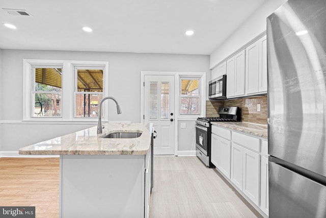 kitchen featuring white cabinets, sink, an island with sink, and appliances with stainless steel finishes