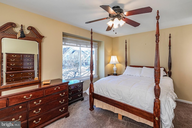 bedroom featuring ceiling fan and light colored carpet