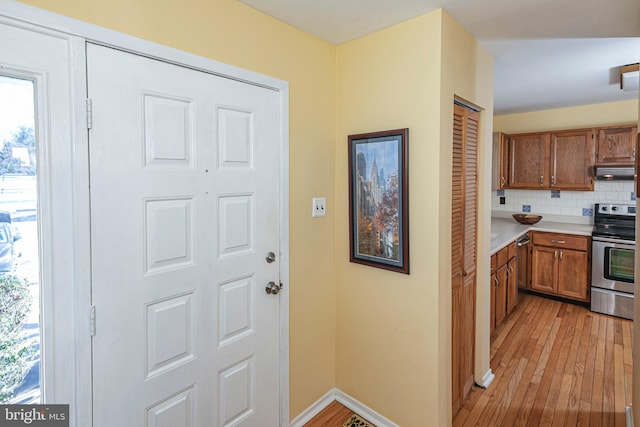 kitchen with tasteful backsplash, a wealth of natural light, light hardwood / wood-style floors, and appliances with stainless steel finishes