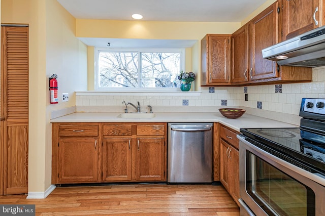 kitchen with ventilation hood, sink, light wood-type flooring, tasteful backsplash, and stainless steel appliances