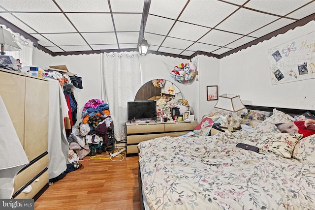 bedroom featuring a drop ceiling and wood-type flooring