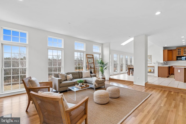 living room with light wood-type flooring and sink