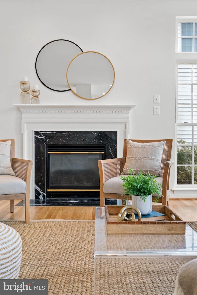 sitting room with light hardwood / wood-style floors and a premium fireplace