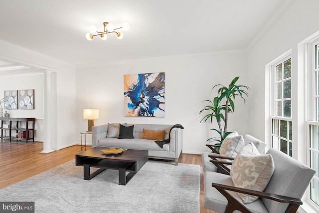 living room with wood-type flooring and ornamental molding