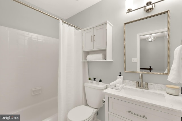 full bathroom with vanity, toilet, and shower / bathtub combination with curtain