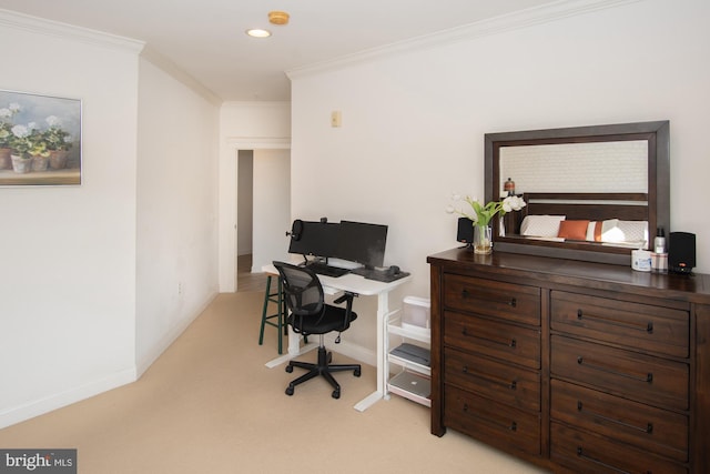 carpeted office featuring crown molding