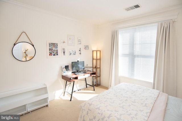 carpeted bedroom with crown molding