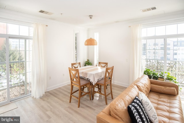 dining room featuring plenty of natural light, ornamental molding, and light wood-type flooring