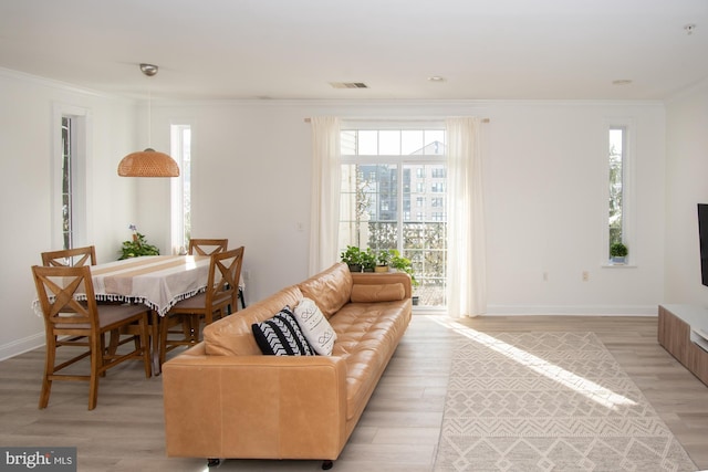 living room with crown molding and light wood-type flooring